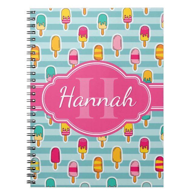 Colourful Ice Pop Pattern with Pink Monogram Notebook (Front)