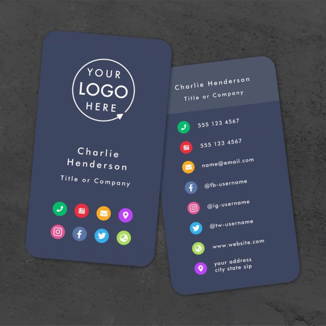 Colourful Icons | Navy Blue Social Media Logo Business Card (Create a professional look with this vertical navy blue business card design with colorful icons.)