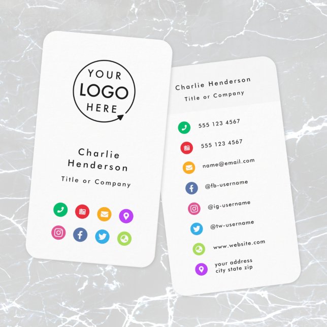 Colourful Icons | Social Media Modern Logo Business Card (Create a professional look with this vertical white business card design with custom colorful icons.)