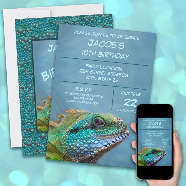 Colourful Iguana 10th Birthday Party Celebration Invitation (Let your Wild Child take a walk on the wild side with this Colorful Iguana Birthday Party Gear! )