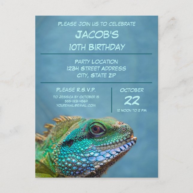 Colourful Iguana 10th Birthday Party Celebration Postcard (Front)
