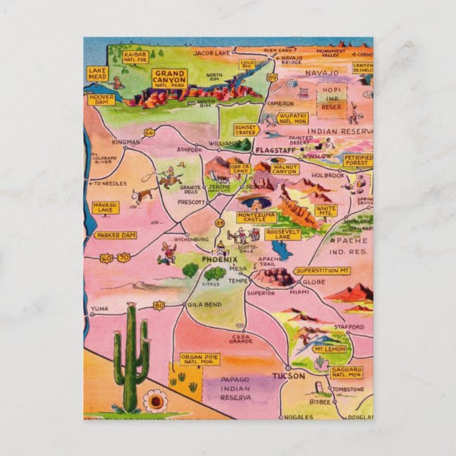 Colourful Illustrated Arizona Map Postcard (Front)