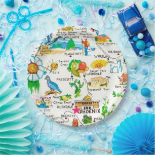 Colourful Illustrated Arizona Map Postcard Paper Plate