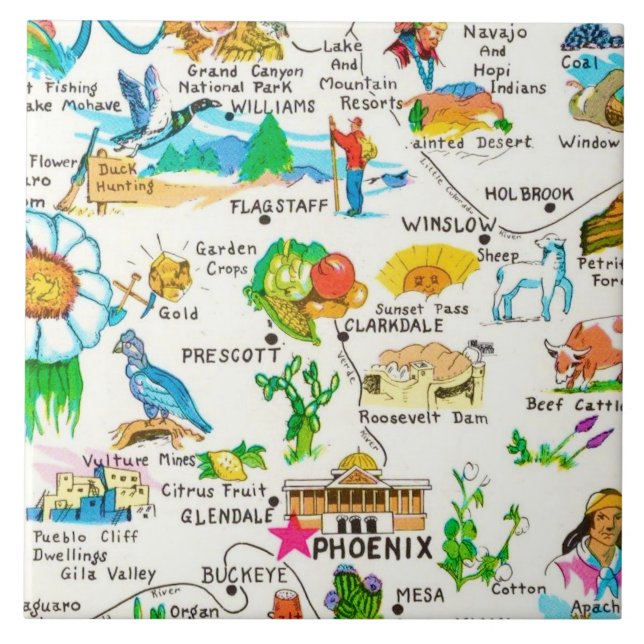 Colourful Illustrated Arizona Map  Tile (Front)