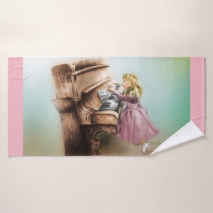 Colourful illustrated bath towl  - Piano Girl Towel
