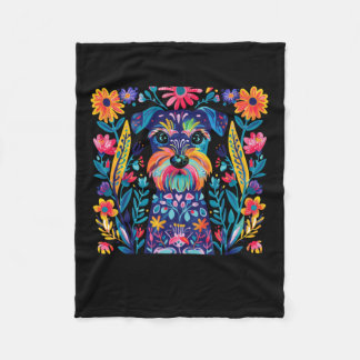 Colourful Illustrated Dog With Floral Background  Fleece Blanket