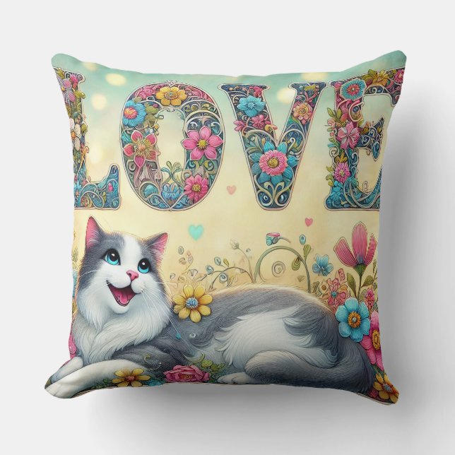 Colourful Illustration of a Cat Cushion (Front)