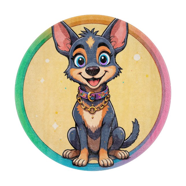 Colourful Illustration of Happy Dog Sitting Cutting Board (Front)