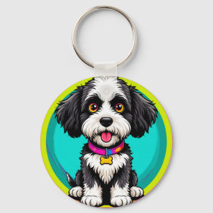 Colourful Illustration of Happy Dog Sitting Key Ring