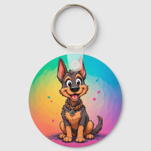 Colourful Illustration of Happy Dog Sitting Key Ring