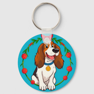 Colourful Illustration of Happy Dog Sitting Key Ring