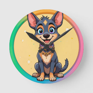 Colourful Illustration of Happy Dog Sitting Round Clock