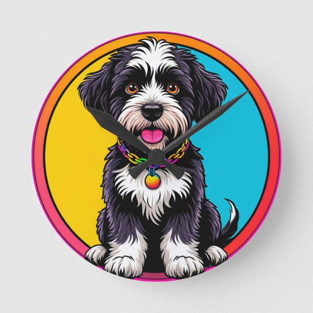 Colourful Illustration of Happy Dog Sitting Round Clock (Front)