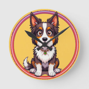 Colourful Illustration of Happy Dog Sitting Round Clock