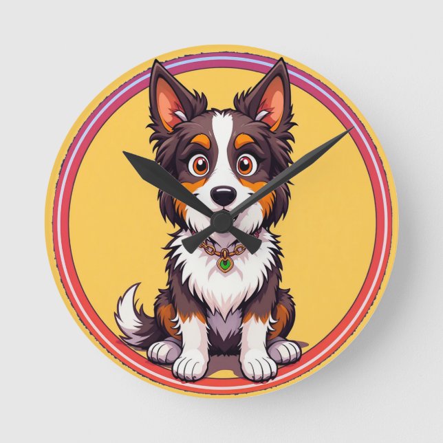 Colourful Illustration of Happy Dog Sitting Round Clock (Front)