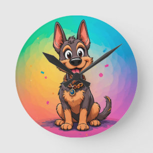 Colourful Illustration of Happy Dog Sitting Round Clock