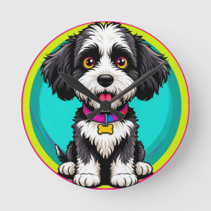 Colourful Illustration of Happy Dog Sitting Round Clock