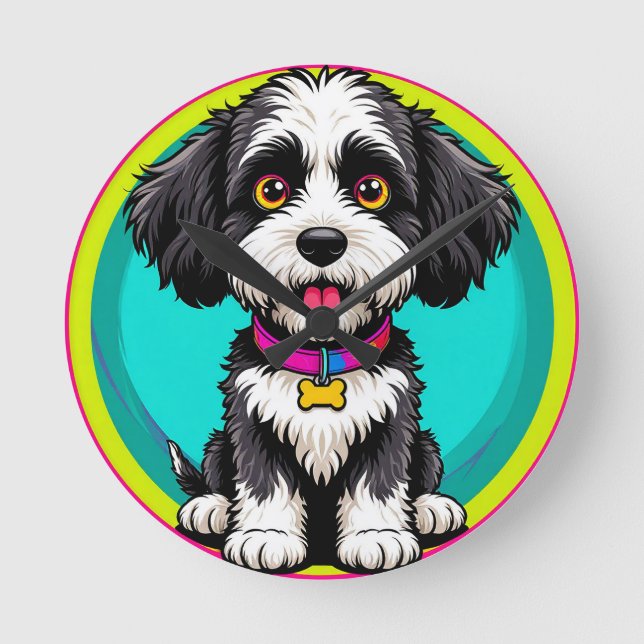Colourful Illustration of Happy Dog Sitting Round Clock (Front)