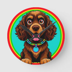 Colourful Illustration of Happy Dog Sitting Round Clock