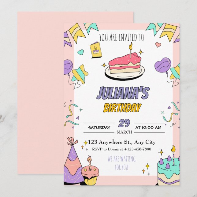 Colourful Illustrative Birthday Party Invitation (Front/Back)