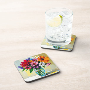 Colourful Impasto Vase of Flowers Coaster
