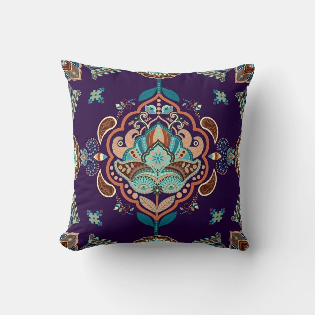 Colourful Indian Ornament, Geometric Border. Cushion (Front)