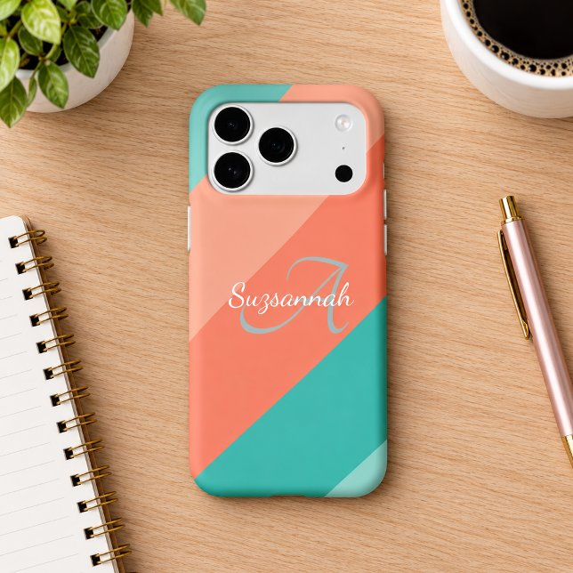 Colourful Initial Letter Monogram & Diagonal Strip (iPhone 17 with initial monogram and name template on desktop.)