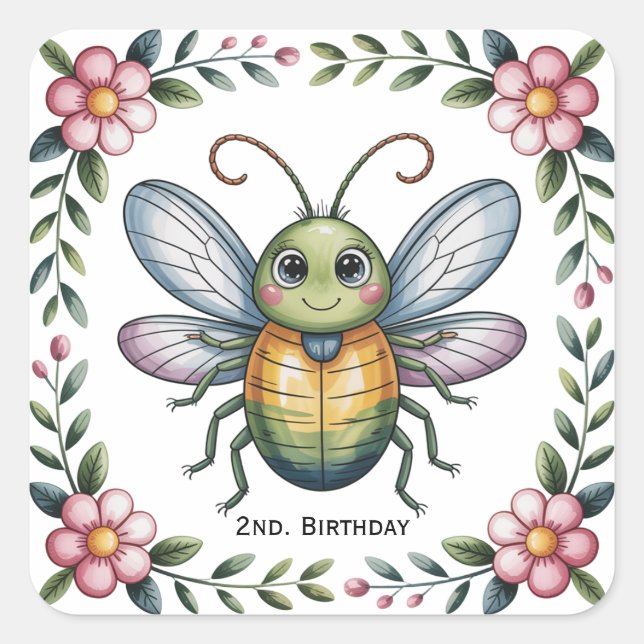 Colourful Insect Bugs 2nd. Birthday Party Square Sticker (Front)
