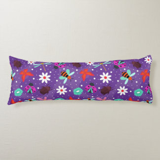 Colourful Insects and Flowers on a Purple Backgrou Body Cushion