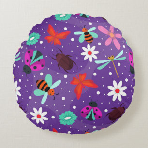Colourful Insects and Flowers on a Purple Backgrou Round Cushion