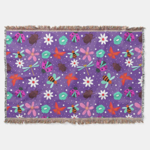 Colourful Insects and Flowers on a Purple Backgrou Throw Blanket