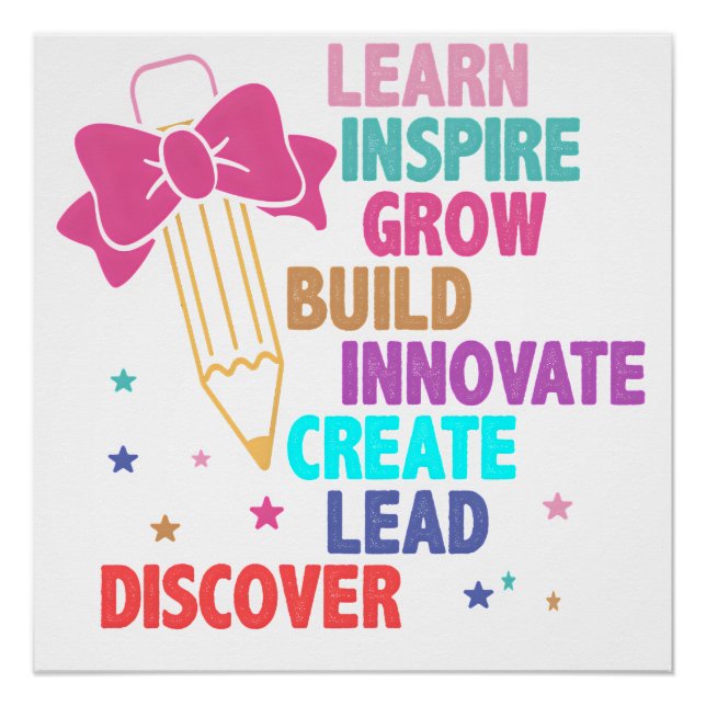 Colourful Inspirational Words Teacher Pencil & Bow Poster (Front)
