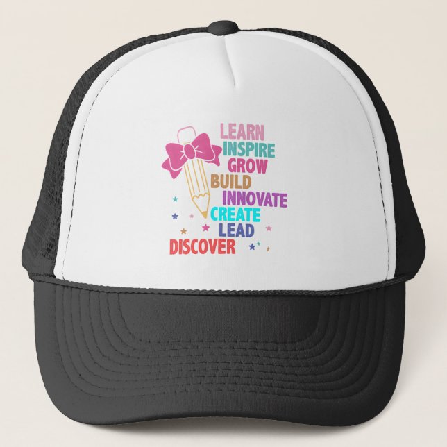 Colourful Inspirational Words Teacher Pencil & Bow Trucker Hat (Front)