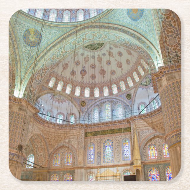 Colourful interior domed ceiling of Blue Mosque Square Paper Coaster (Front)