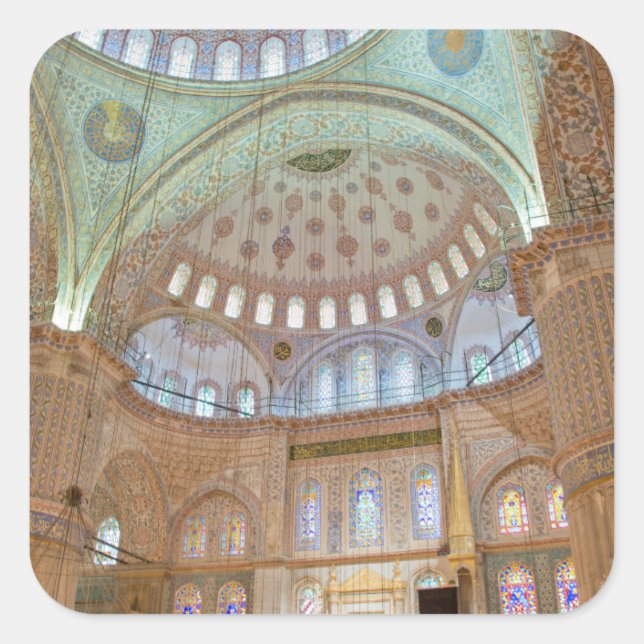 Colourful interior domed ceiling of Blue Mosque Square Sticker (Front)