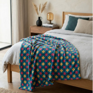 Colourful Interlocking Geometric Dot Square Design Fleece Blanket