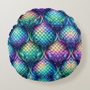 Colourful/iridescent aquatic scales round cushion