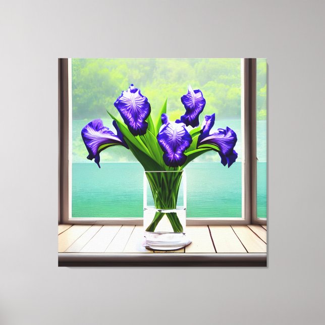 Colourful Iris Glass Vase by Window Canvas Print (Front)