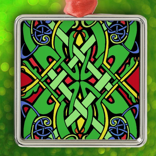 Colourful Irish Celtic Knot Metal Tree Decoration (Irish Celtic ornate knot design in green, yellow blue, and red on hanging ornament.)