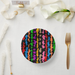 Colourful Irregular Abstract Design Black Paper Plate