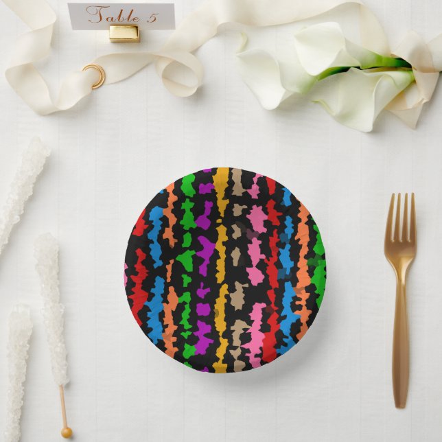 Colourful Irregular Abstract Design Black  Paper Plate (Wedding)