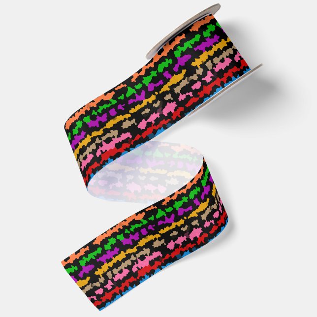 Colourful Irregular Abstract Design Black  Satin Ribbon (Front+Back)