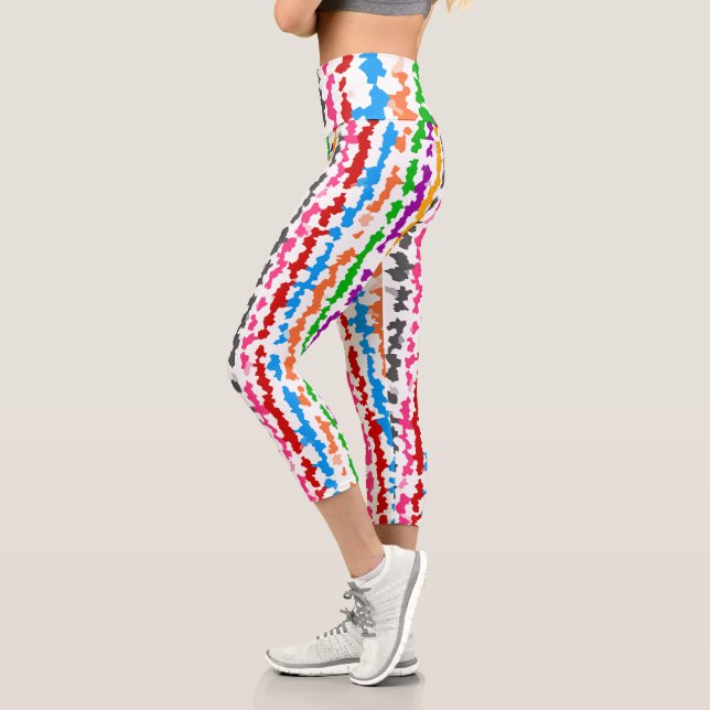 Colourful Irregular Abstract Design White Capri Leggings (Left)