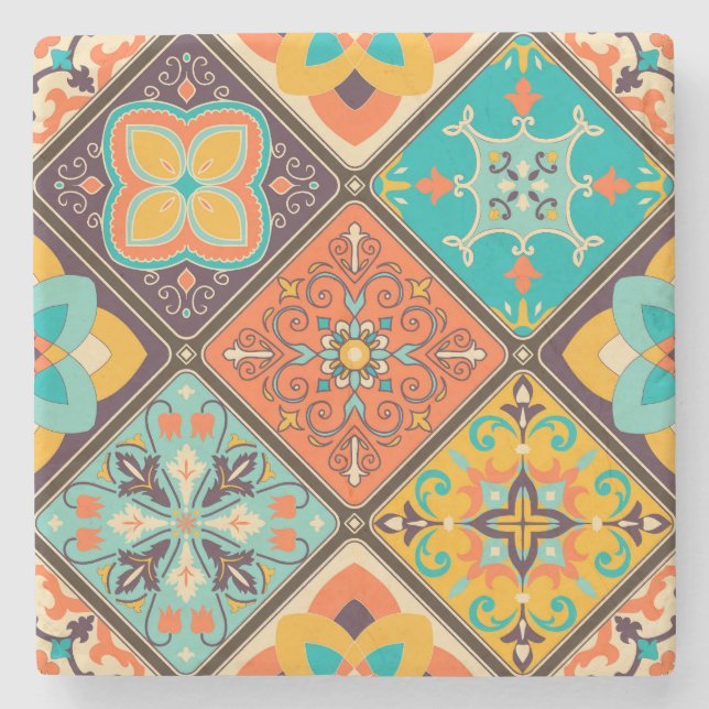 Colourful Islamic-inspired patchwork tile. Stone Coaster (Front)