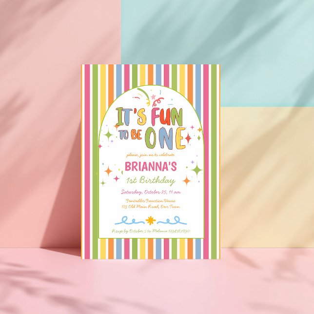 Colourful it's fun to be one birthday party invitation (Colorful it's fun to be one birthday party invitation cards template colorful stripes fun party invi)