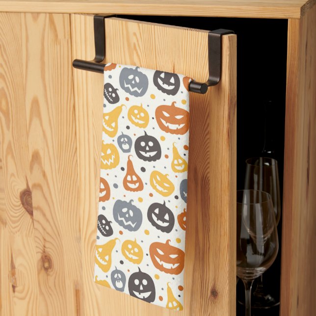 Colourful Jack-O'-Lantern Faces Pattern Tea Towel (Thirds Fold)