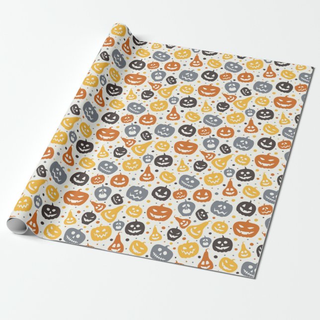 Colourful Jack-O'-Lantern Faces Pattern Wrapping Paper (Unrolled)