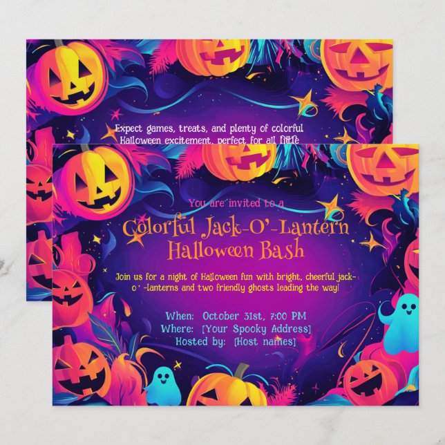 🎃Colourful Jack-O’-Lantern  Halloween Bash Invitation (Front/Back)