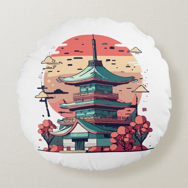 Colourful Japan Building Art Round Cushion (Front)