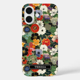 Colourful Japanese Floral Pattern Monogrammed iPhone 16 Case